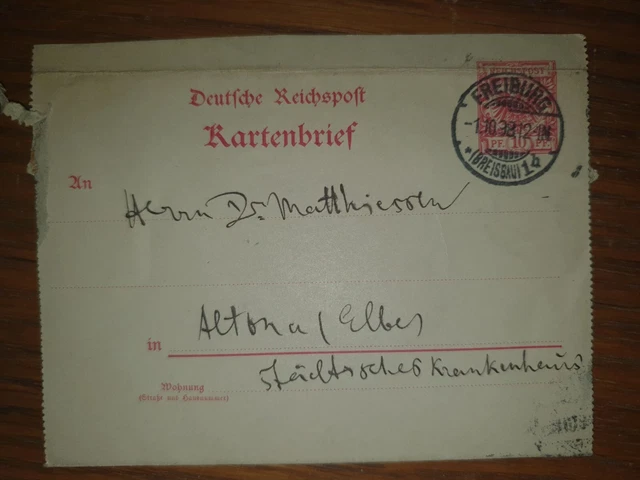 Dachbodenfund Brief Post Kartenbrief Freiburg 1898 Reichspost 10 Pf Altona Elbe 