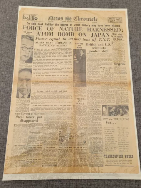 News Chronicle Ww2 Hiroshima Bomb Japan 7Th Aug 1945 Newspaper