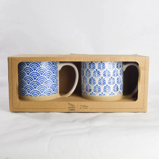 SET OF 2 Potters Corner Ceramic Blue White Patterned Coffee Mugs Cups