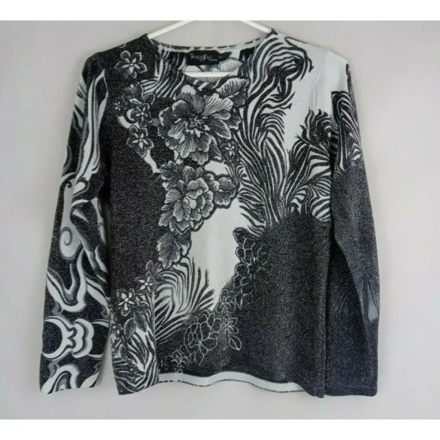 The Magic Scarf Company Black & White Beaded Metallic Floral Blouse Size S/L