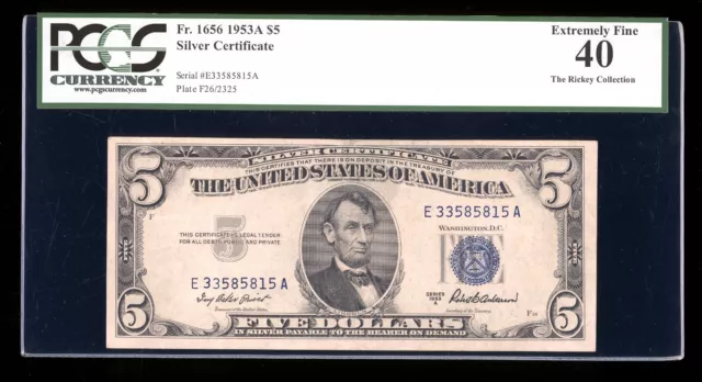 DBR 1953-A $5 Silver Fr. 1656 EA Block PCGS XF-40 Serial E33585815A