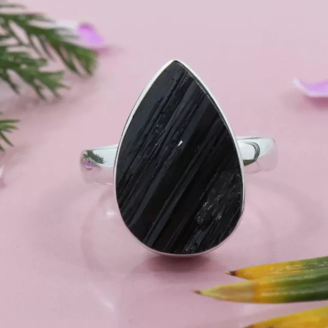 Natural Turmalina Negra Anillo 925 Plata de Ley Único Joyería Hecho a Mano Con