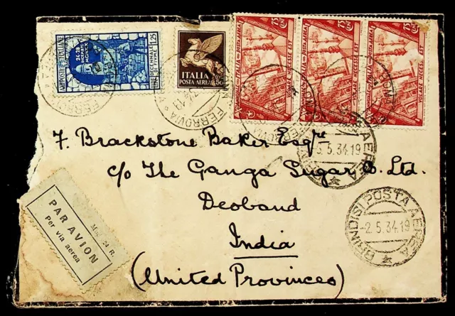 SEPHIL ITALY 1934 2v+3x75c ON AIRMAIL COVER FROM BRINDISI TO DEOBAND INDIA