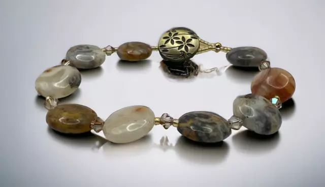 Handmade semi-precious multi-colored agate bracelet with button closure