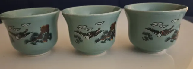 3 Vintage Japan Phoenix Bird Flying Turkey Custard Sake Tea Cups Light Blue