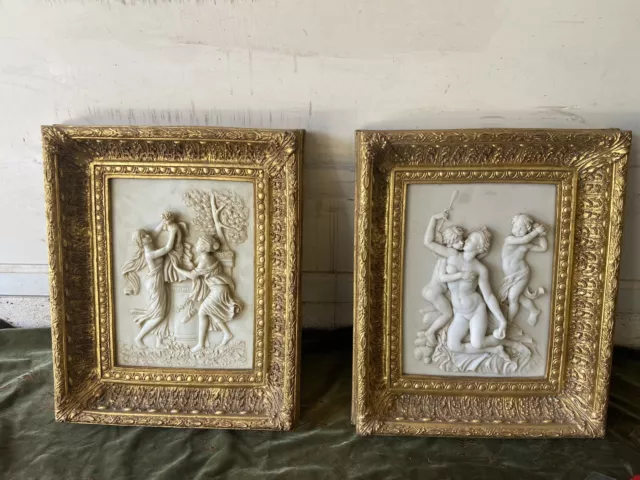 Pair Of Antique  Cast Marble Glided Frame Cherub Nude