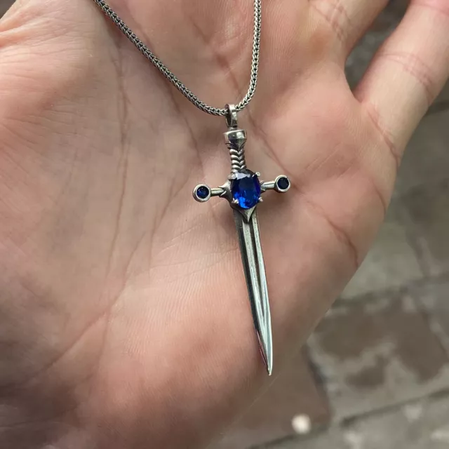Silver Sword Pendant , Sapphire Stone Sword Necklace , Silver Warrior Necklace