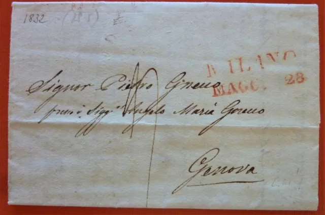 Italy 1832 Prephilatelic Letter sent to Genova - "Milano" Red linear with Date