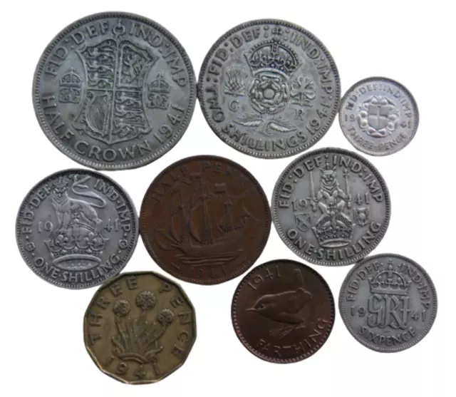 1941 King George VI 9 Coin Year Set Halfcrown - Farthing Great Britain