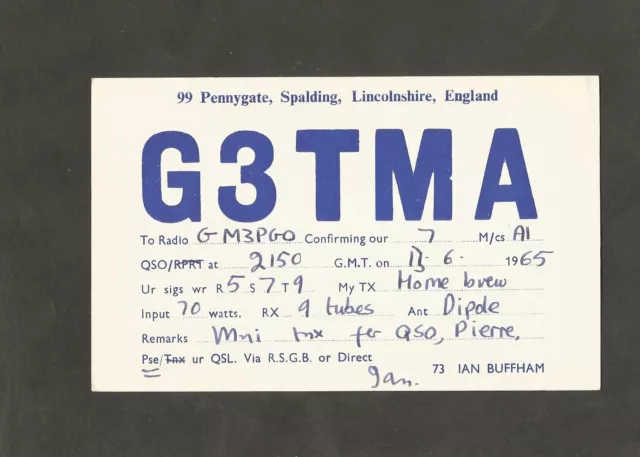 QSL Card  G3TMA Ian Buffham Pennygate Spalding Lincolnshire