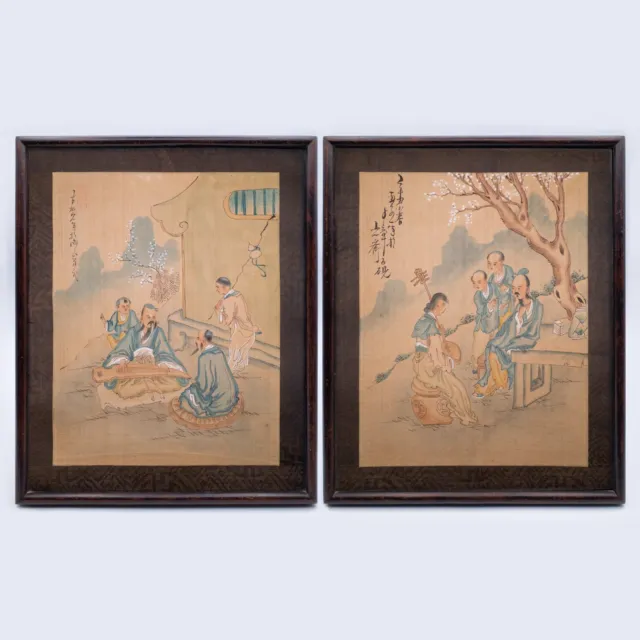 Pair of Antique Chinese Paintings on Silk With Inscriptions. Early 20th century