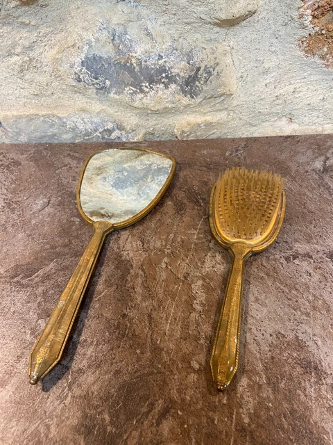 Ensemble Brosse Et Miroir à Coiffure Style Rétro Doré - Occasion Ou Neuf Avec Défaut