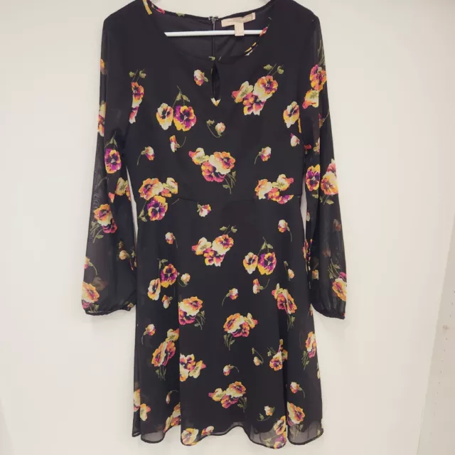Forever 21 Contemporary Dress L Floral Long Sleeve MIDI Sheer Black Lined