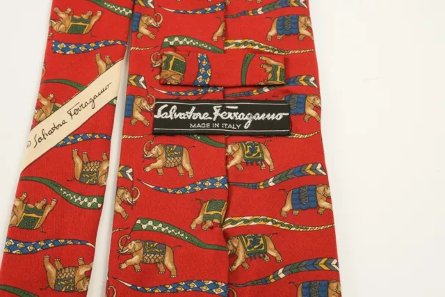 Salvatore Ferragamo Elephant Circus All Over Animal Print Red Silk Neck Tie 2