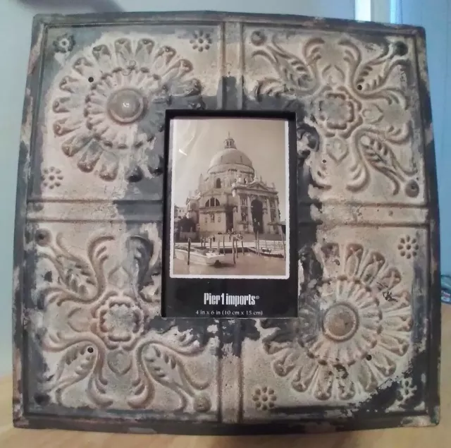 Gorgeous Pier 1 Imports Metal Distressed Tile Picture Frame Holds 4 x 6  New