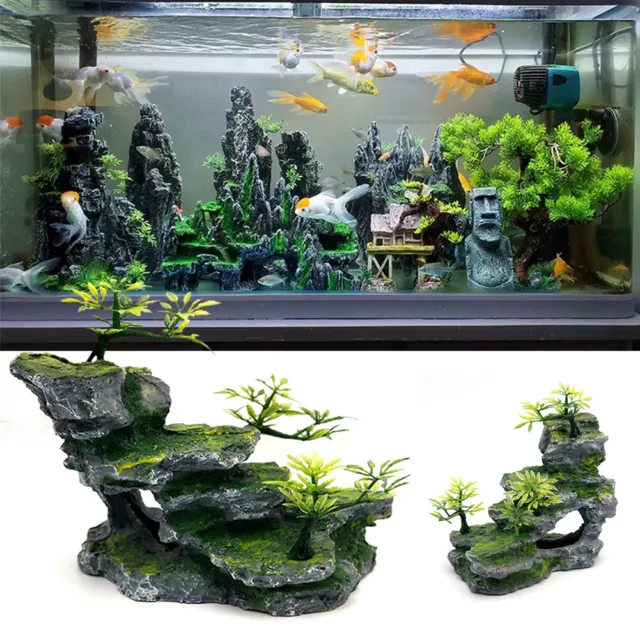 Aquarium Fish Tank Resin Ornament Deco Mountain View Cave Stone Tree  Pavilion