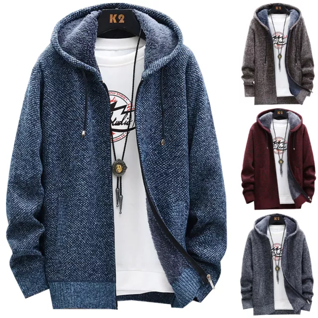 Men Solid Thick Warm Fleece Lined Hoodie Zip Winter Coat Jacket Sweatshirt Tops