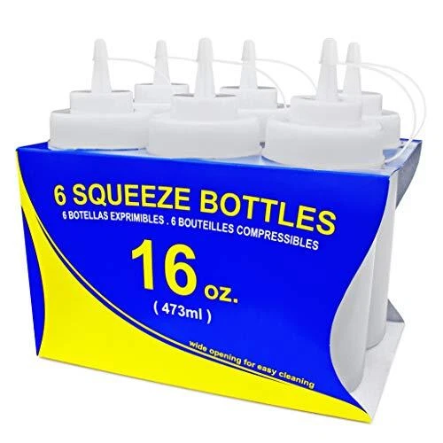 26177 Squeeze Bottles, Plastic, Wide Mouth with Caps, 16 16 oz 6-Pack Clear