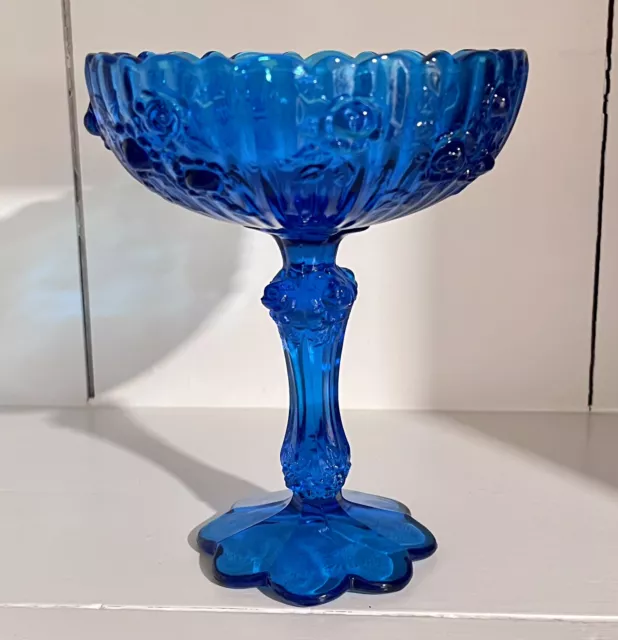 Vintage Fenton Cabbage Rose Cobalt Blue Glass Footed Compote Candy Dish