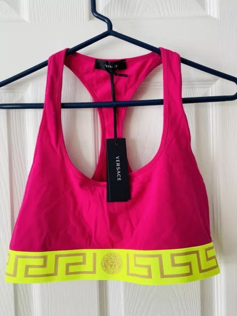 VERSACE Iconic Soft Pink Bra Neon Yellow Cotton Sports Bra Top Size 5 XL NWT