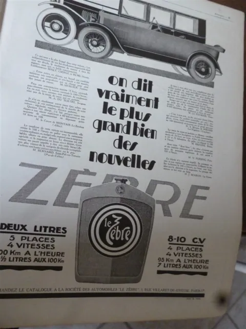 LE ZEBRE 2 litres et 8/10 CV voiture publicité papier ILLUSTRATION 1925