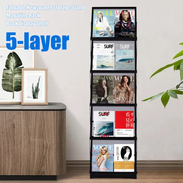 Modern Office Racks 5layer Magazine Rack 62.99" Newspaper Storage Stand Foldable
