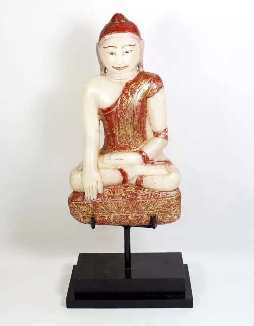 Fine Antique 19Th Century Burmese Carved White Marble Statue Of Seated Buddha