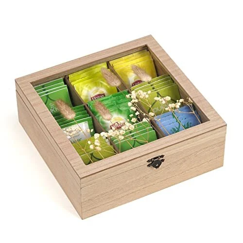 Tea Bag Organizer Wooden Tea Box Storage Chest 9 Compartments Clear Cover