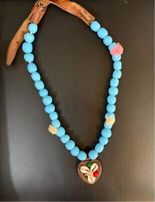 Rare Antique Opaque Czech Bohemian Turquoise Glass & Leather Trade Bead Necklace 3