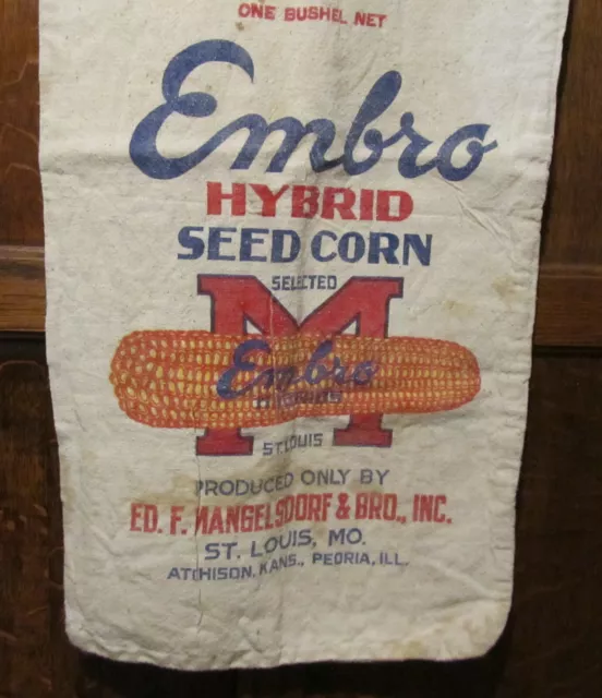 Vintage EMBRO Hybrid Seed Corn Cloth Sack Bag Farm Feed Advertising MO-KANSAS-IL