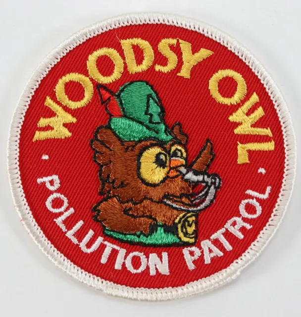 Vintage Woodsy Owl Pollution Patrol Round Red Twill Boy Scouts America BSA Patch
