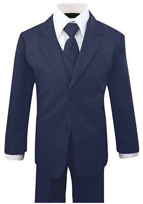 Boys Kid Toddler Formal Navy Blue Suit 5 pieces Set with Vest and Tie Size XL-14