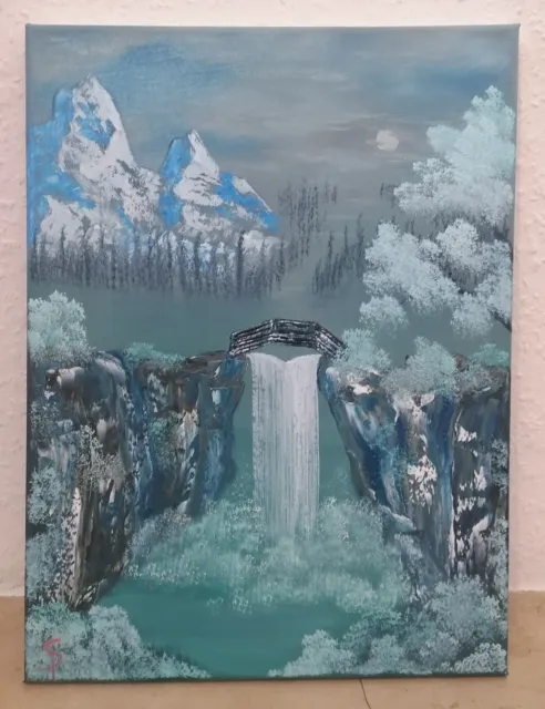 OIL PAINTING 30X40 cm, attractive waterfall in moonlight by art Bob ...