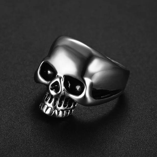 vintage stainless steel punk evil biker skull ring design male silver black men 3