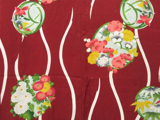 1108T03z590 Antique Japanese Kimono Silk HAORI Dark red Chrysanthemum 3