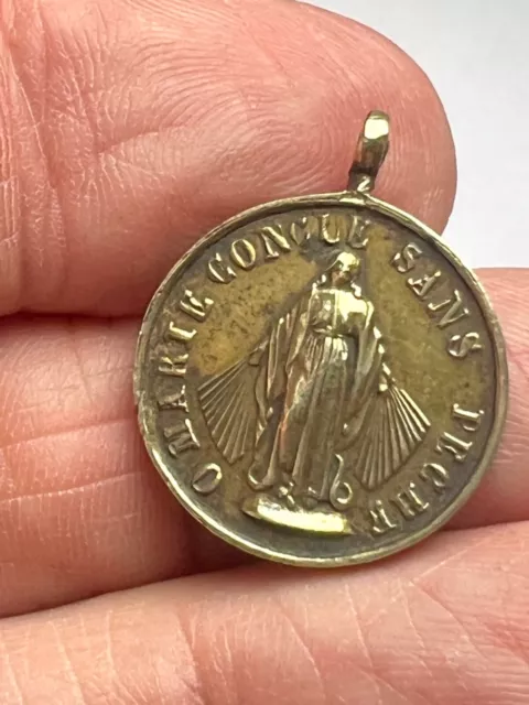 Antique brass religious medal, Mary, sacred heart.