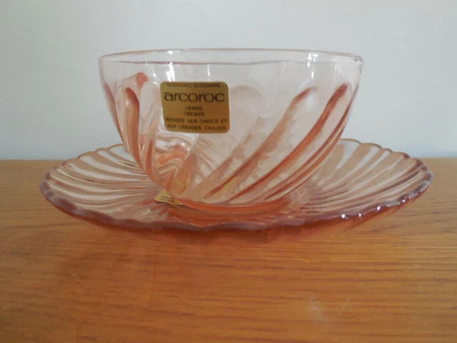 6 Tasses A Cafe Arcoroc Vintage " Rosaline " French Cups And Saucers Pink