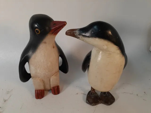 Vintage Carved Wooden Penguins, Two, Adorable, 11" Tall