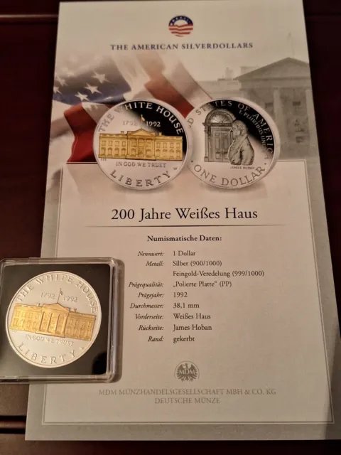 USA, 1992, 1 Dollar, Silber, Goldapplikation, PP, 200 Jahre Weißes Haus,