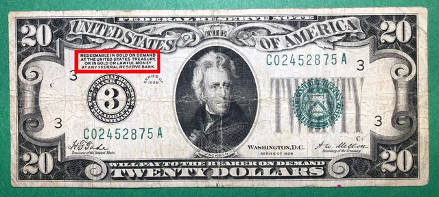 Gold Demand Note - 1928 - $20- Federal Reserve Note - Philadelphia