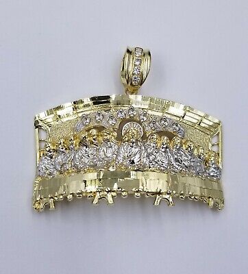 Real 10K Jesus Yellow Gold Last supper Charm Diamond Cut Pendant Religious Solid