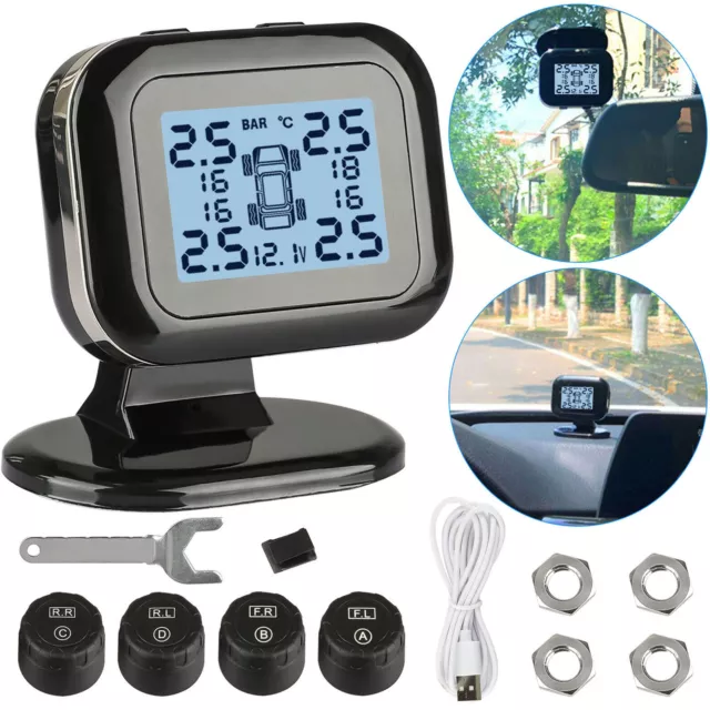 Wireless USB TPMS LCD Car Tire Pressure Monitoring System + 4 External Sensors