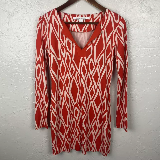 Diane Von Furstenberg DVF Reina Ikat Print Long Sleeve Silk knit Dress Size 2