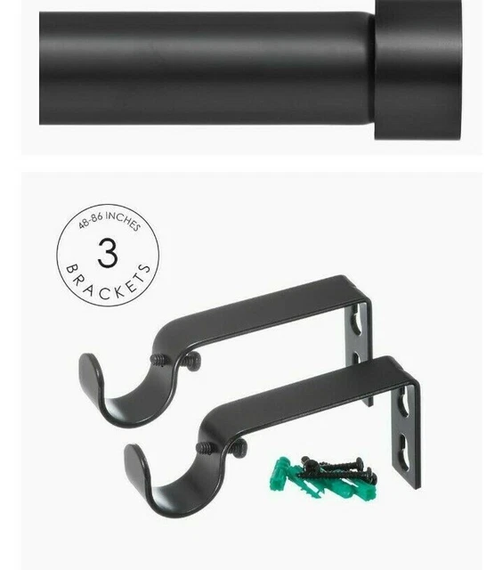 Ivilon Drapery Window Curtain Rod - End Cap Style Design 1" Pole. 48-86" Black