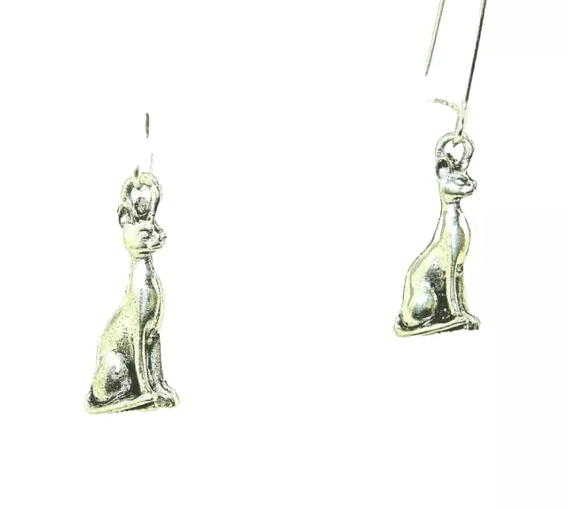New 3-D Egyptian CAT Goddess Bastet Silver-tone Drop Dangle Earrings 1-9/16"Long
