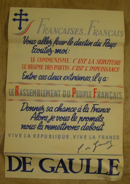 Ancienne affiche politique Rassemblement du Peuple rançais Général De Gaulle RPF