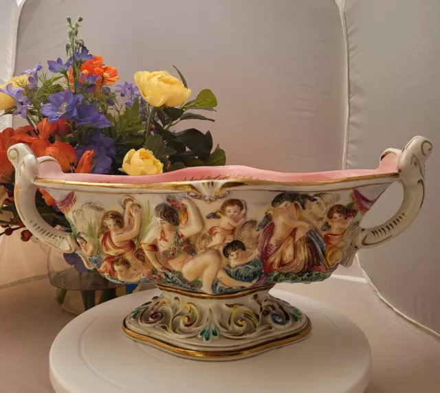 Large Ornate Vintage Pedestal Capodimonte Centerpiece Bowl -Beautiful Putti-Read