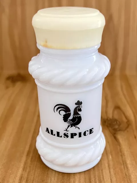 Vintage Milk Glass Spice Jar Black Rooster & Twisted Rope HAZEL ATLAS All Spice