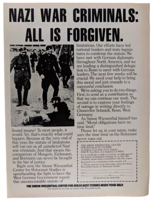 Nazi War Criminals Wiesenthal Center Holocaust 1979 Time Mag Print Ad 8x10.5"