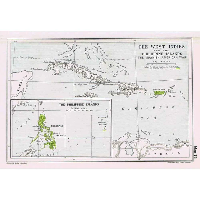 WEST INDIES & PHILIPPINES During the Spanish American War Antique Map 1912